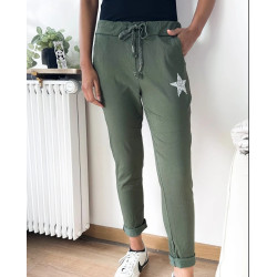 Pantalon femme étoile kaki uni